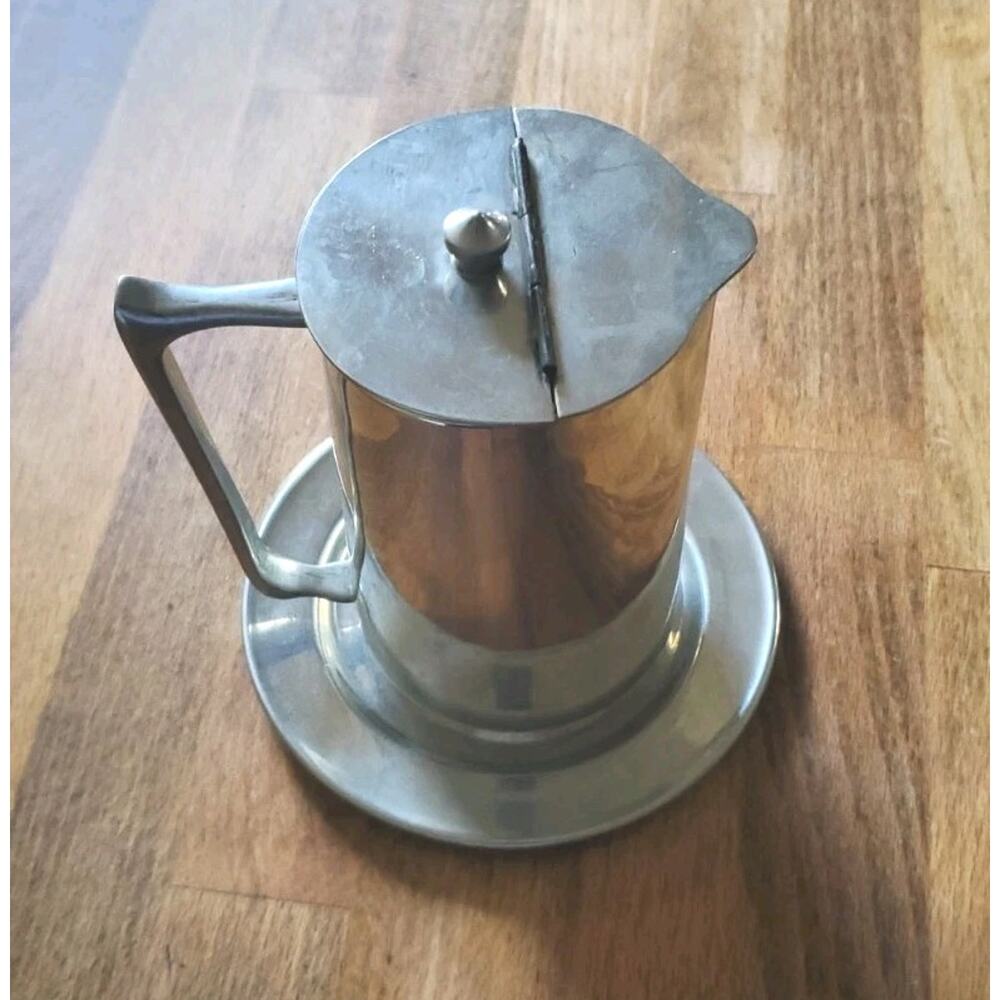 Kensington Pewter Creamer With Hinged & weighted Lid + Saucer, Signed Felder '83